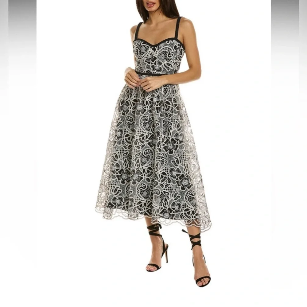 MONIQUE LHUILLIER floral sleeveless midi dress in ecru/black Size 12 - Picture 2 of 14